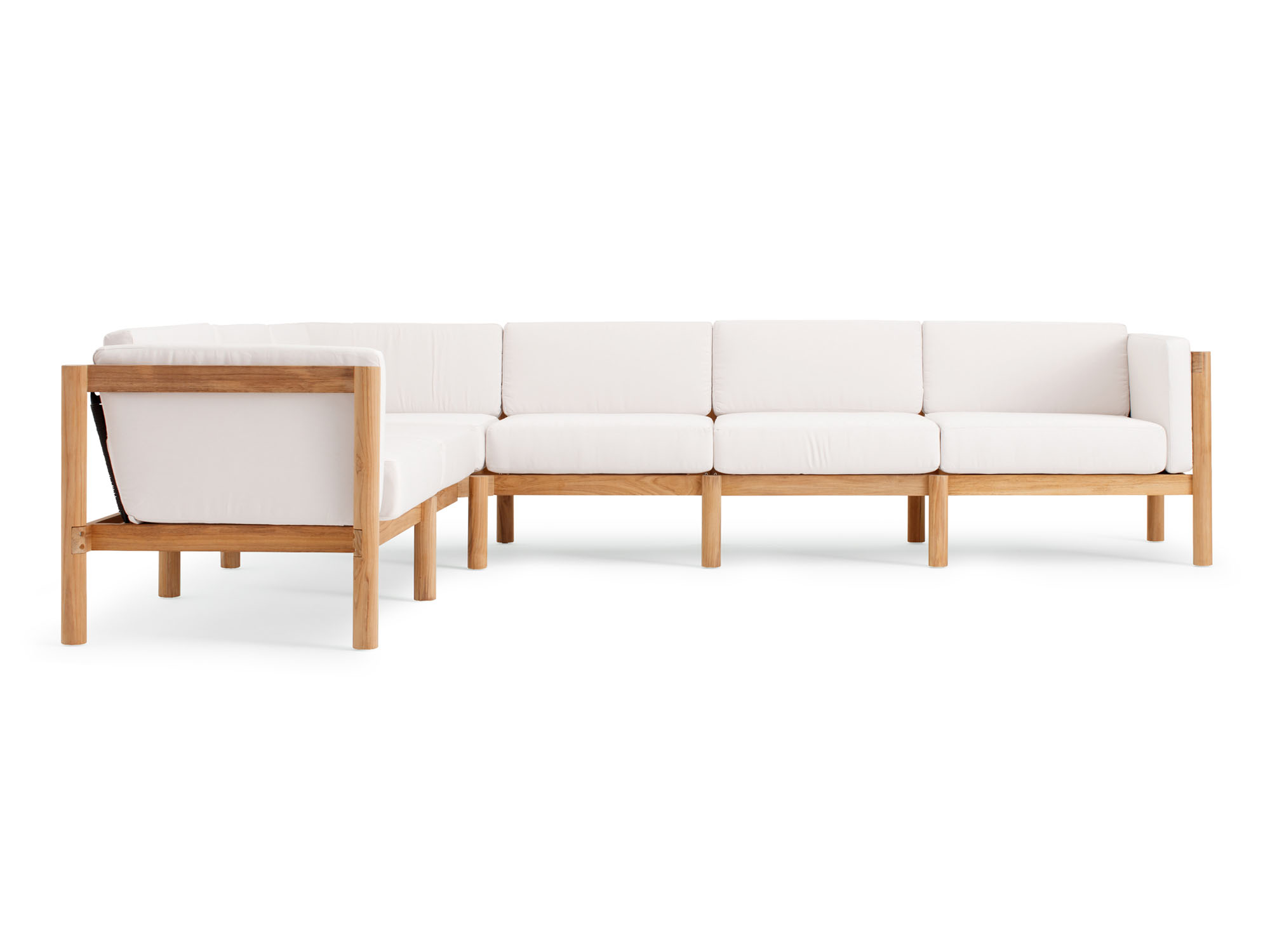 Front view of 6-piece outdoor sectional with white arm cushions